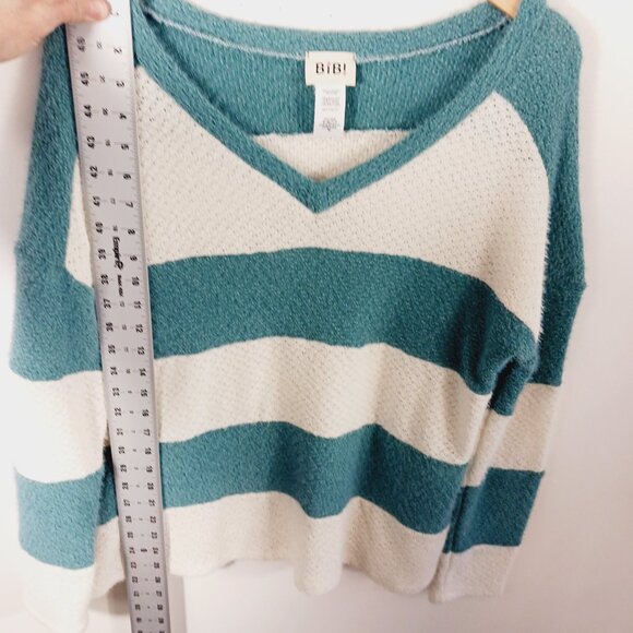 Bibi Women's MED Green & Cream Pullover Sweater Rugby Stripe Front, Relaxed Fit - Picture 12 of 14